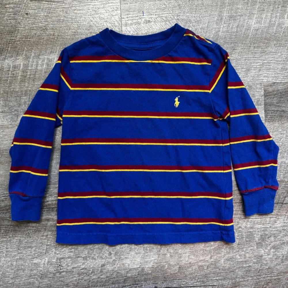Polo Ralph‎ Lauren Striped Long Sleeve T-Shirt Size 2/2T Blue Maroon Yellow Pony